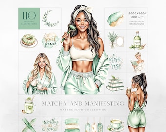 Matcha Clipart Kit, Self Care Manifestation Set