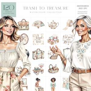 May include: Watercolor illustrations of vintage-themed objects and women. The collection includes a suitcase, teapot, fan, and other items. The text "Trash to Treasure" and "120 Premade Illustrations" are visible.