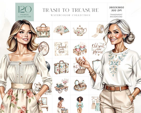 Vintage Thrift Watercolor Clipart Set, Upcycled Home Illustrations (PNG)