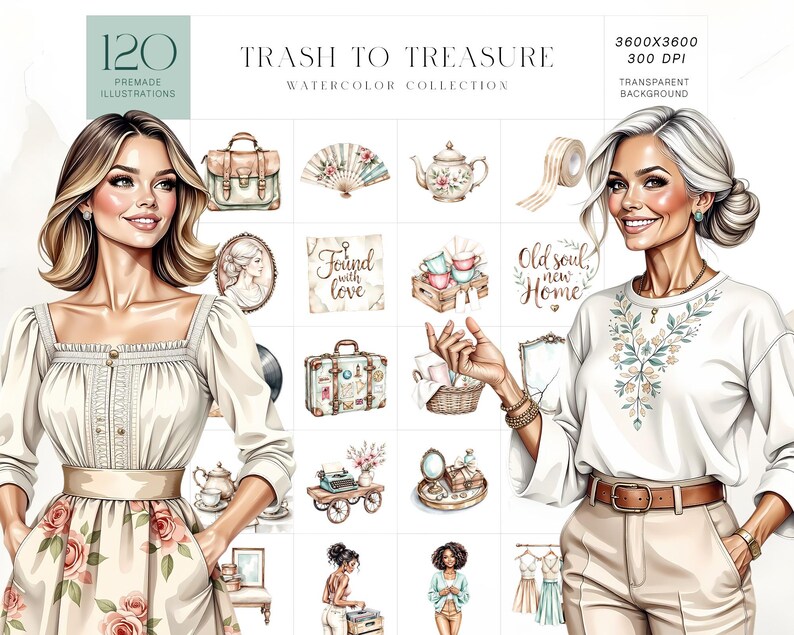 May include: Watercolor illustrations of vintage-themed objects and women. The collection includes a suitcase, teapot, fan, and other items. The text "Trash to Treasure" and "120 Premade Illustrations" are visible.