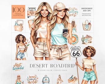 Desert Road Trip Clipart Kit, Boho Van Life Watercolor Set