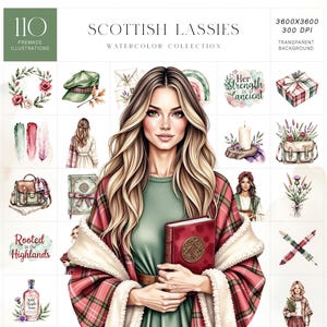 Scottish Lassies aquarel clipartset, vrouwelijk Keltisch, rustiek Schots meisje, erfgoedontwerp, tijdschriften, commercieel gebruik
