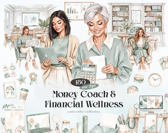 Money Coach & Financial Wellness Watercolor Clipart, 180 Business Woman PNGs