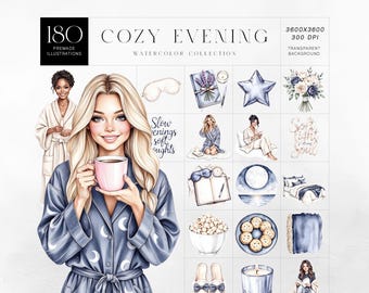 Cozy Evening Clipart Kit, Self Care Night PNG Bundle