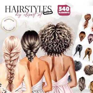 Conjunto de imágenes prediseñadas de peinados de acuarela: 540 elementos para el cabello que puedes hacer tú mismo, gráficos para el cabello de novia, archivos PNG de 300 DPI, arte para bodas que puedes hacer tú mismo, uso comercial