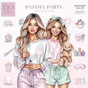 Op de afbeelding: Digitale illustratie met twee jonge vrouwen in pyjama's, met de tekst "PAJAMA PARTY" en "150 PREMADE ILLUSTRATIONS." De afbeelding bevat illustraties van schoonheidsproducten, snacks en een knuffelkonijn. De achtergrond is transparant.