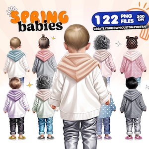 Bundle de cliparts bébé printemps personnalisé – 122 fichiers PNG, portraits d'enfants vue arrière, art numérique 300 DPI pour projets de bricolage et travaux manuels