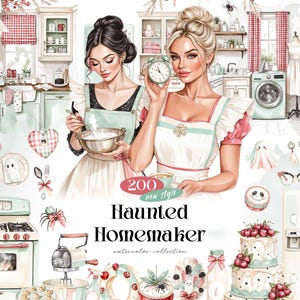 May include: A digital illustration collection titled Haunted Homemaker featuring two women in a kitchen, a vintage stove, a refrigerator, a tiered cake, cherries, a mixer, and various kitchen accessories with a light green and red colour palette.