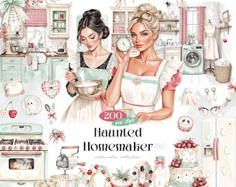 Haunted Homemaker Watercolor Clipart Bundle, 200 Retro Halloween PNGs