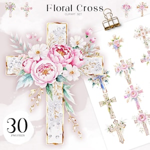 Set di clipart di croci floreali ad acquerello, 30 file PNG, disegni di sublimazione cristiana, grafica di croci floreali religiose, decorazioni per matrimoni pasquali