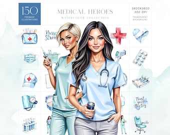 Medical Heroes Clipart Kit, Nurse Doctor Healthcare Watercolor Set