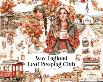 New England Leaf Peeping Club Watercolor Clipart Bundle, 190 Autumn Travel PNGs