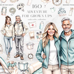 Pode incluir: Ilustração em aquarela com um casal em roupas de exterior, rodeado por ilustrações com tema de acampamento e viagens. O texto diz "160 Adventure for Grown Ups" e "Slow Steps Big Views". Inclui uma tenda, uma mochila, uma bússola e outros itens.