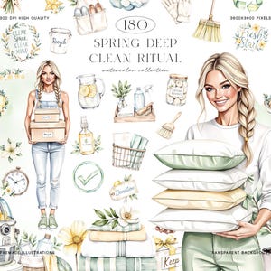 Puede incluir: Ilustraciones en acuarela de artículos de limpieza de primavera, incluyendo almohadas, cajas y productos de limpieza. La imagen incluye el texto "Spring Deep Clean Ritual" y "Recycle". Las ilustraciones tienen una paleta de colores pastel.