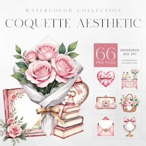 Romantische Kokette Ästhetische Aquarell Clipart, 66 rosafarbene weibliche PNGs, Vintage Blumengrafiken, Scrapbooking & Design, kommerzielle Nutzung