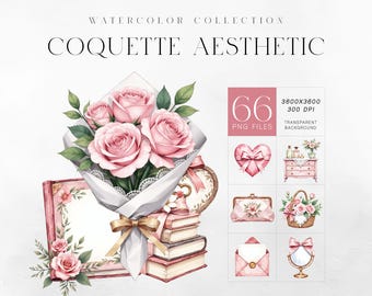 Coquette Clipart Kit, Pink Floral Watercolor Set