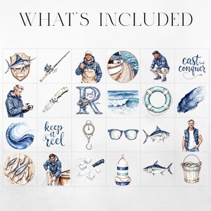 Pu&ograve; includere: Illustrazioni ad acquerello a tema pesca. Include immagini di un marlin su uno scudo, canna da pesca, pescatore, barca e il testo "cast and conquer". Altre immagini includono un coltello, occhiali da sole e un secchio di pesce.