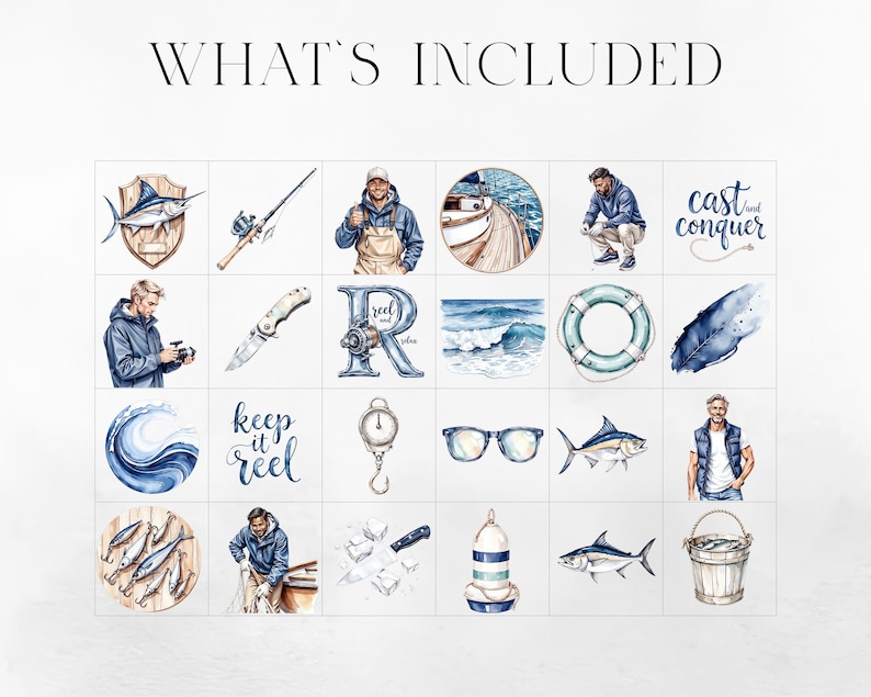 Pu&ograve; includere: Illustrazioni ad acquerello a tema pesca. Include immagini di un marlin su uno scudo, canna da pesca, pescatore, barca e il testo "cast and conquer". Altre immagini includono un coltello, occhiali da sole e un secchio di pesce.