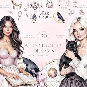 Whimsigothic Dreams Watercolor Clipart Set, 170 Dark Elegant Witchy Illustrations, Gothic Magic, Mystical Design, Commercial Use