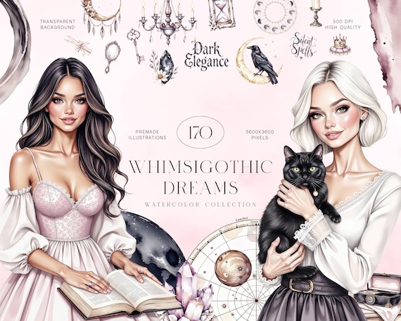 Whimsigothic Watercolor Clipart Set with Dark Witchy and Mystical Aesthetic Illustrations