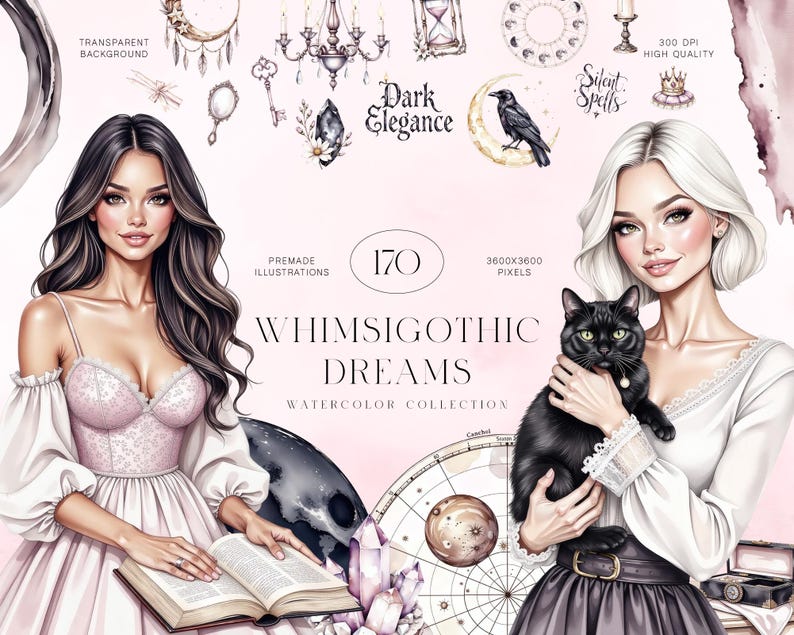 Puede incluir: Ilustraci&oacute;n digital en acuarela con dos mujeres, una de ellas sosteniendo un gato negro. La imagen incluye elementos g&oacute;ticos, como un cuervo, una luna y cristales. El texto incluye "Dark Elegance" y "Whimsigothic Dreams Watercolor Collection".