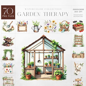 Lot de cliparts aquarelle jardin thérapie PNG | 70 éléments de jardinage | Plantes aromatiques Cottagecore | Art déco botanique ferme rustique