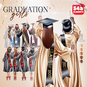 Clipart de meninas de formatura, ilustrações da turma de 2025, gráficos de graduação personalizados, download digital, uso comercial