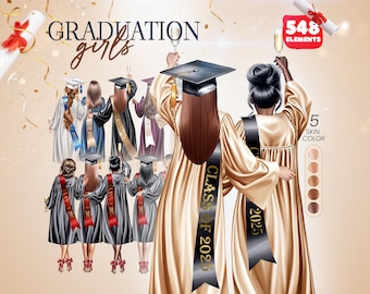 Graduation Girls Clipart, Class of 2025 Illustrations, Personalized Graduate Graphics, Digital Download, Commercial Use