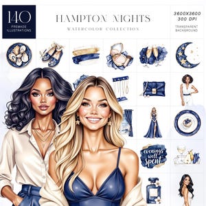 Zestaw clipartów akwarelowych Hampton Nights, elegancka moda wieczorowa, kobiety glamour glamour, nadmorska elegancja, zastosowanie komercyjne