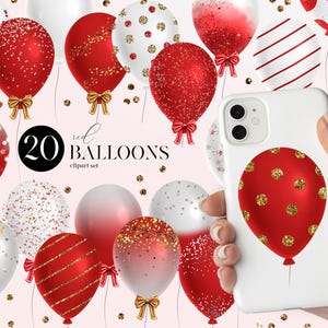 Ensemble de cliparts ballons rouges, motifs paillettes et confettis, illustrations numériques de ballons pour faire-parts et travaux manuels