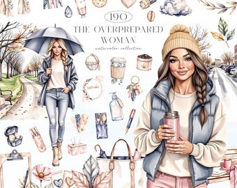 Overprepared Woman Fall Watercolor Clipart Bundle, 190 Cozy Autumn PNGs