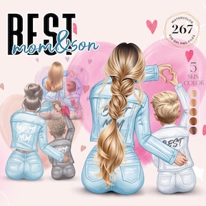 Bestes Mutter und Sohn Porträt Schöpfer Bündel, anpassbares Aquarell Clipart, personalisierte Familien Illustration PNG, Muttertagsgeschenkidee
