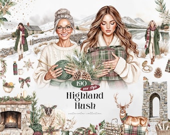 Highland Hush Watercolor Clipart, 190 Winter PNGs, Cozy Scottish Highlands Cottagecore Collection