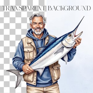 Pu&ograve; includere: Illustrazione digitale di una persona sorridente che tiene in mano un grande pesce marlin blu e argento. La persona indossa una felpa blu con cappuccio, un gilet beige e pantaloni kaki. Le parole "TRANSPARENT BACKGROUND" sono in alto.