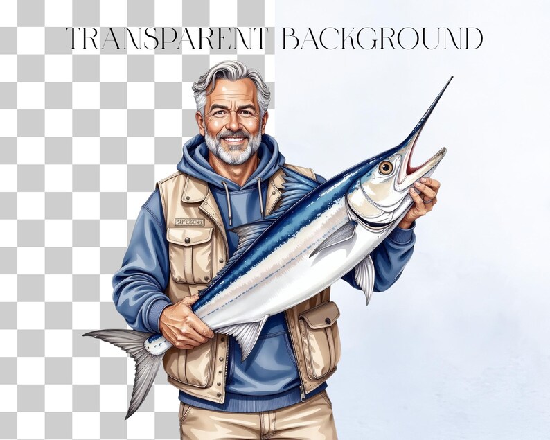 Pu&ograve; includere: Illustrazione digitale di una persona sorridente che tiene in mano un grande pesce marlin blu e argento. La persona indossa una felpa blu con cappuccio, un gilet beige e pantaloni kaki. Le parole "TRANSPARENT BACKGROUND" sono in alto.