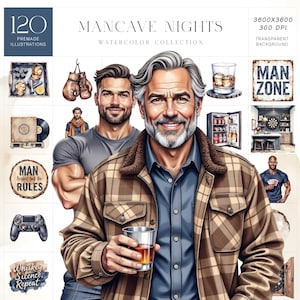 Puede incluir: Ilustraciones en acuarela con temática de cueva de hombre. La imagen incluye a un hombre sosteniendo una bebida, un hombre con una camisa gris e ilustraciones de una diana, un vaso de whisky y un letrero que dice "Man Zone".