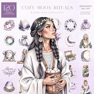 Cozy Moon Rituals Clipart Set, 120 Mystic Watercolor Illustrations, Lunar Magic, Witchy Moon Phase Aesthetic, Commercial Use