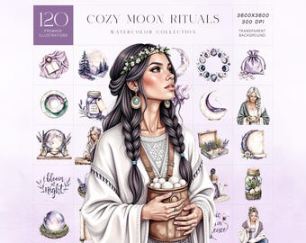 Kit de imágenes prediseñadas de fases lunares estilo boho, conjunto de arte celestial espiritual