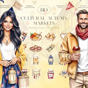 Könnte beinhalten: Aquarellillustration einer kulturellen Herbstmarktszene. Das Bild zeigt eine Frau in einem gelben Schal und einen Mann in einer gelben Jacke, umgeben von Lebensmittelillustrationen, Laternen und Schmuck. Text: "Cultural Autumn Markets" und "Watercolor Collection".