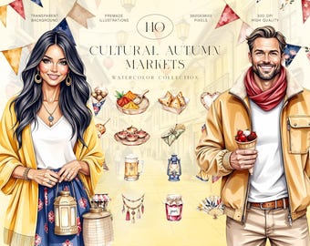 Conjunto de imágenes prediseñadas de acuarela de mercado de otoño, ilustraciones de personas multiculturales en otoño y mercado de agricultores