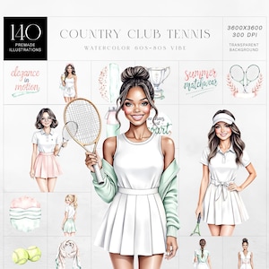 Zestaw clipartów Country Club Tennis, 60s - 80s Retro Tennis Girl, Moda i Sport, PNG do sublimacji, Użytek Komercyjny