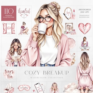 Aquarell Gemütliche Trennung Clipart-Set, Self-Care Mädchen, Erholung nach der Trennung, emotionale Unterstützung Grafiken, kommerzielle Nutzung
