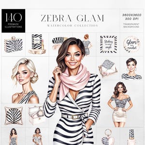 Lot de cliparts aquarelle glamour zébré avec mode filles, oreillers, maquillage et accessoires, ensemble esthétique chic à rayures zébrées, usage commercial
