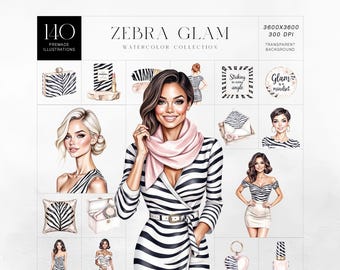Zebra Glam Clipart Kit, Fashion Girl Watercolor Set