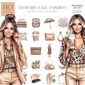 Puede incluir: Ilustraciones en acuarela con temática de estampado de leopardo. La imagen incluye artículos de moda como una blazer, blusa y accesorios. El texto incluye "Leopard Fall Fashion" y "Wild Warm Wearable". Las ilustraciones están sobre un fondo transparente.