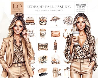 Conjunto de imágenes prediseñadas de acuarela con estampado de leopardo para otoño, con atuendos otoñales e ilustraciones de estilo acogedor.