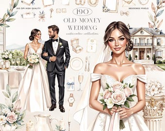 Old Money Wedding Watercolor Clipart Bundle, 190 Transparent Bridal PNGs