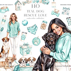 May include: A watercolour illustration with a teal theme, featuring dog-related items such as houses, bowls, and paw prints. The text reads "Teal Dog Rescue Love." The image also includes illustrations of dogs and people.