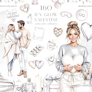 May include: A collection of watercolour illustrations with a Valentine's Day theme. The image includes couples, heart-shaped balloons, gifts, and decorative elements. Text includes "160 Icy Glow Valentine" and "be your valentine". The illustrations are in soft, neutral tones.