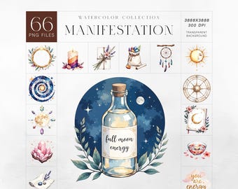 Kit de imágenes prediseñadas de la Luna Celestial, paquete de acuarelas de brujería bohemia